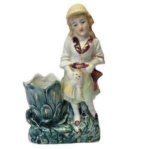 VTG 1900 Made In Germany Little Girl 5" Vase Bisque girl with doll flower pot